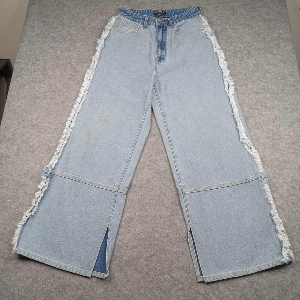 PrettyLittleThing Jeans Womens US 6 Light Wash Wide Leg High Rise Petite Frayed